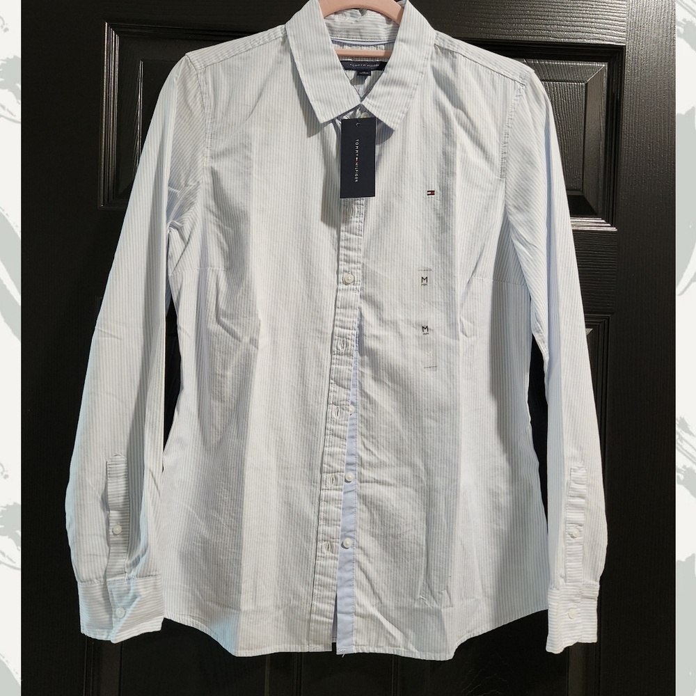 Tommy Hilfiger Women's ~ Blue/White Striped ~ Collar Shirt ~ Nwt